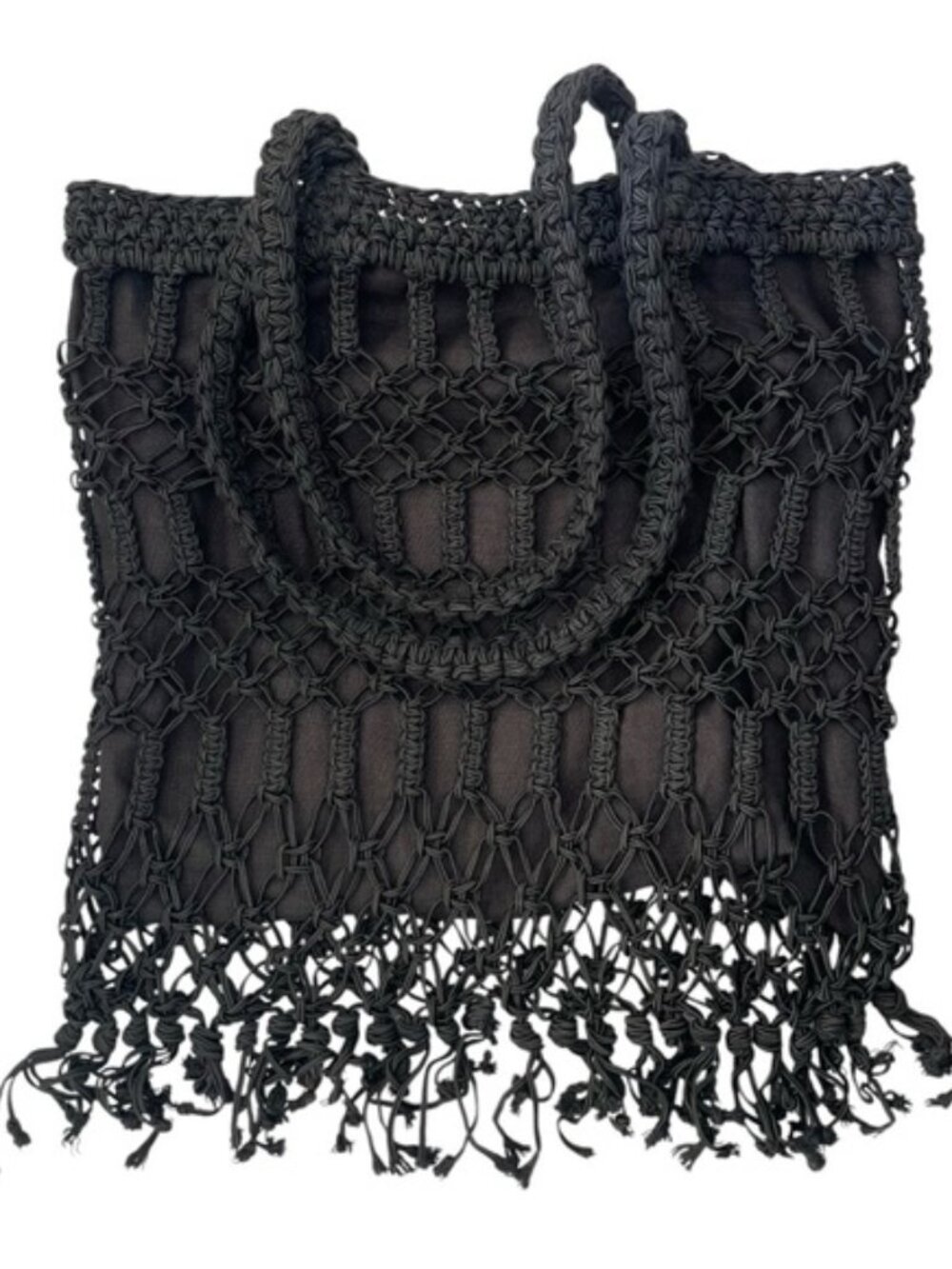 Vintage Carrie Forbes Black Crochet Macrame Fringe Net Tote Bag